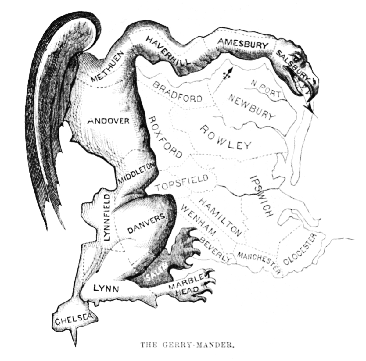 Карикатура в виде мифологической крылатой саламандры на избирательный округ, сформированный губернатором Массачусетса Элбриджем Джерри в 1812 году 