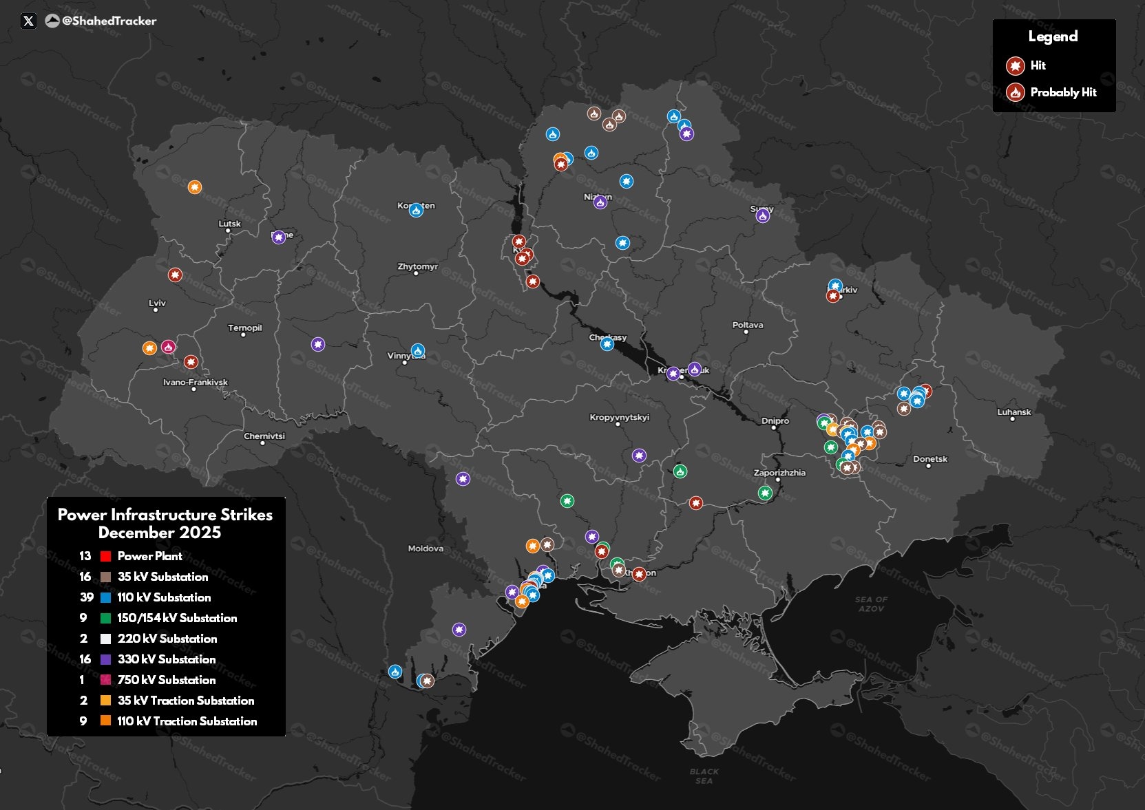 Карта ударов по объектам энергоинфраструктуры на территории Украины за декабрь 2025 года