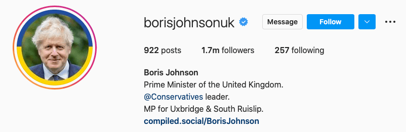Хотя имя пользователя в Instagram читается как "Boris Johnson UK", его можно прочитать и как "Борис Джонсонюк"