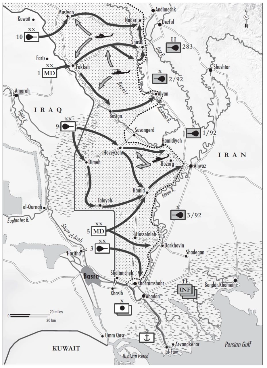 Вторжение Ирака в провинцию Хузестан. Пяти иракским дивизиям на первом этапе противостоят три танковые бригады, танковый батальон и три пехотных батальона