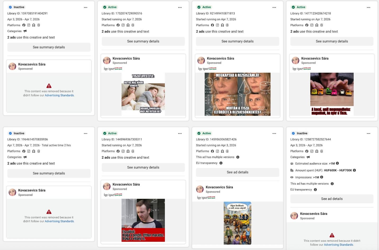 Часть рекламных объявлений против партии «Тиса», запущенных с фейкового аккаунта «Сара Ковачевиц»